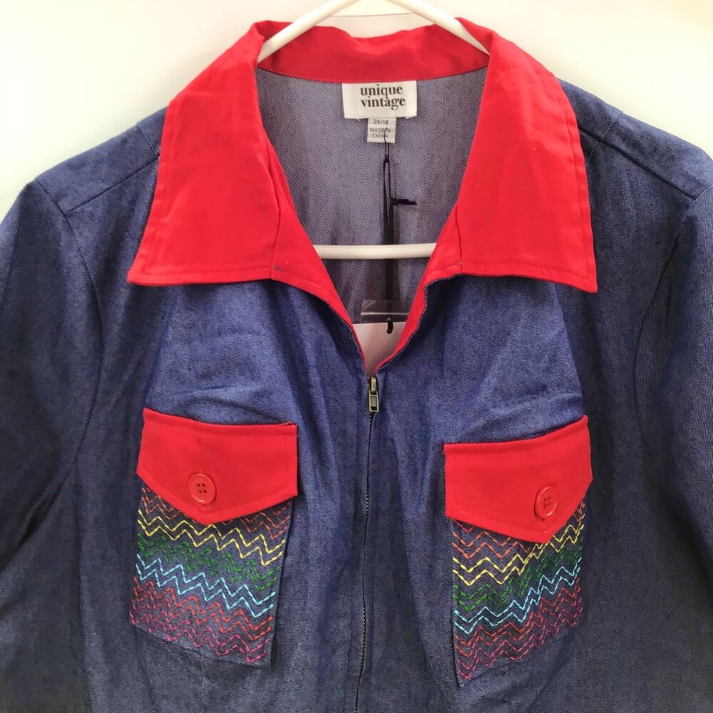 Dopamine Retro Denim Romper Women's 2X Rainbow LGBTQ+ Pride Red Contrast Cuffs - Picture 5 of 12